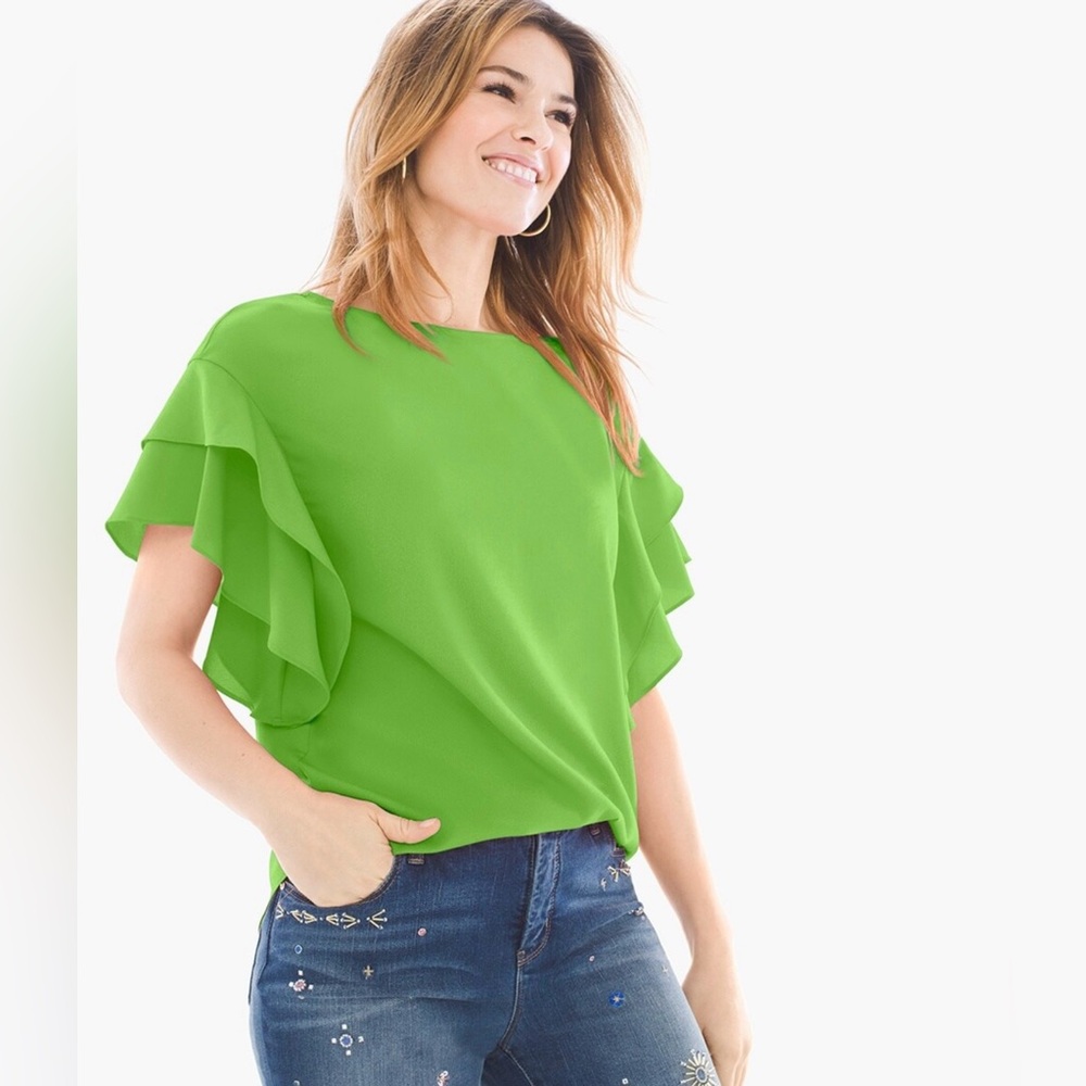 Chico’s Ruffle-Sleeve Green Top for Women’s. Size 0 (M)